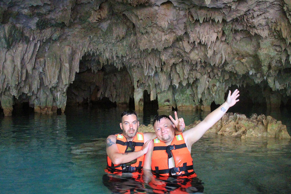 Russ & Luke in a Cenote at Maya Adrenaline, Riviera Maya, Mexico.