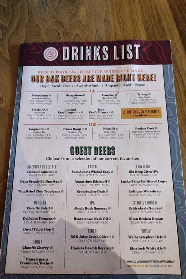 Image of the drinks menu at the Brewhouse Southbourne