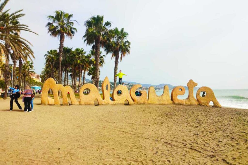 Image of La Malagueta Beach Sign take during Malaga winter break in February 2023