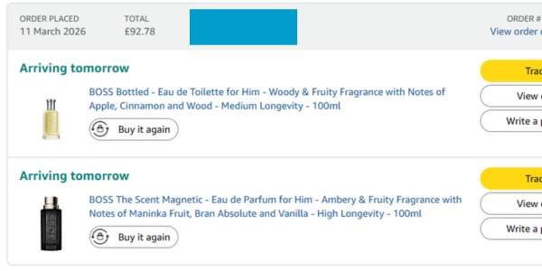 Amazon order showing Hugo Boss Bottled and Hugo Boss Magnetic aftershave deal with cashback savings